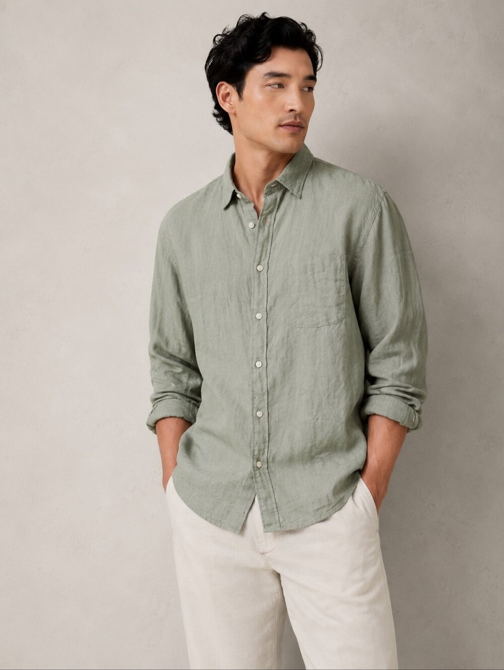 New Uniqlo Premium Linen Shirt Sage Green Button Down Sz L Costal Neutral Resort
